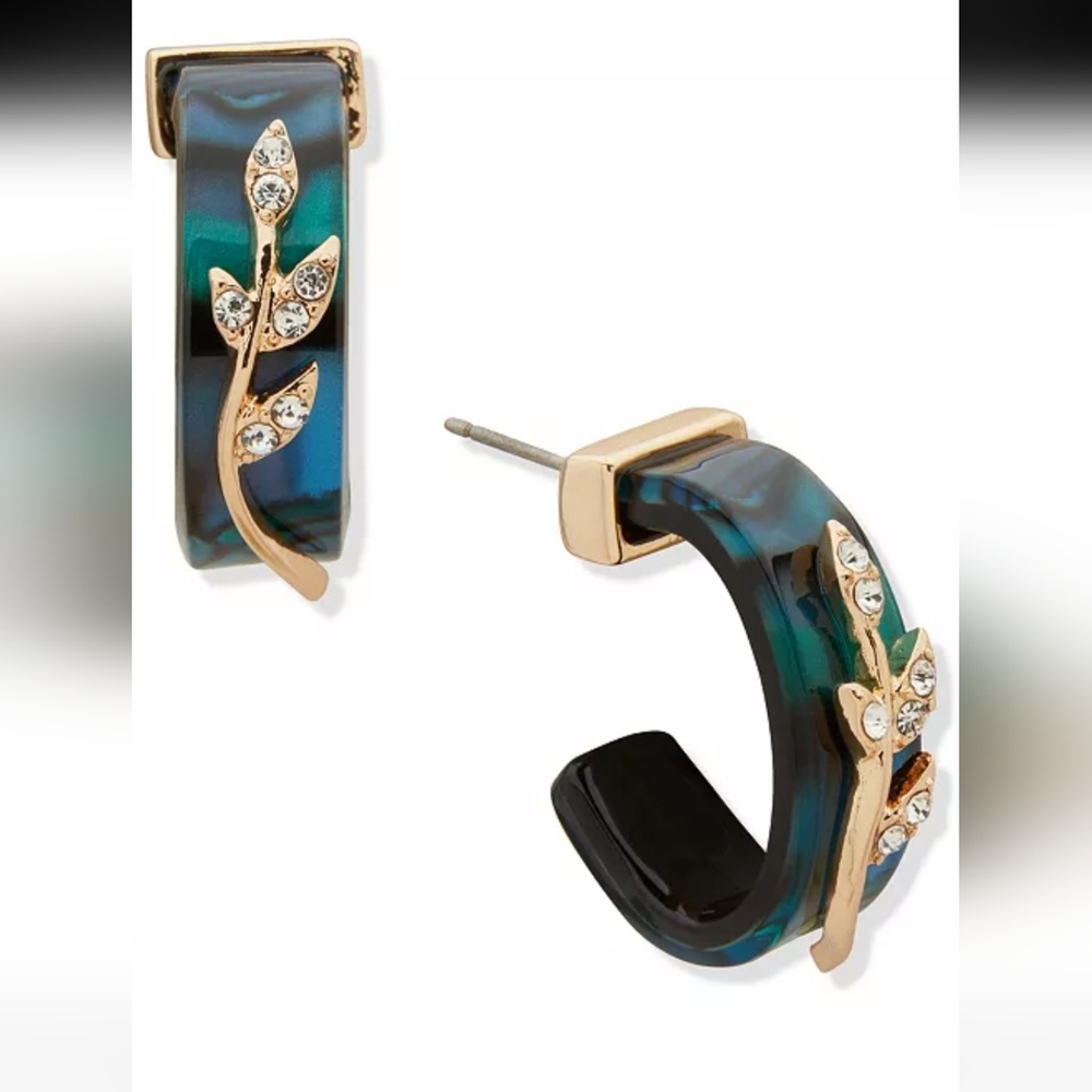 lonna & lilly Teal Marbled Hoop Earrings with Gold Leaf Rhinestones